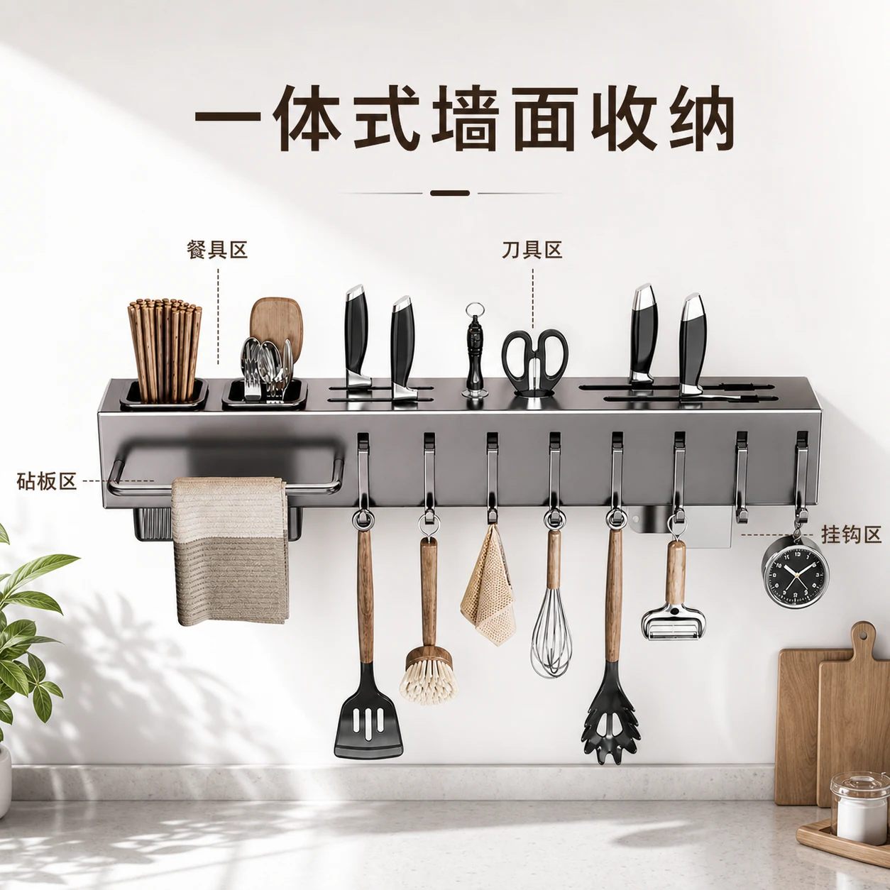 厨房墙面收纳架AI商品主图，商品主体突出且空间层级清楚