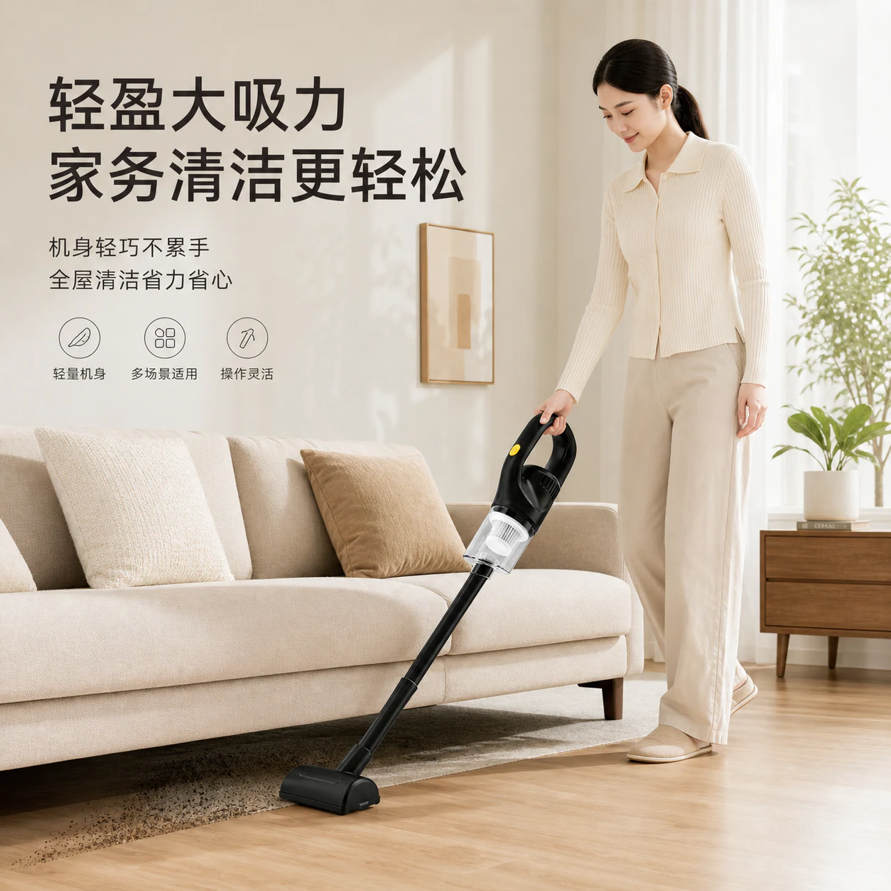 手持吸尘器AI电商主图，科技光影与商品轮廓清晰